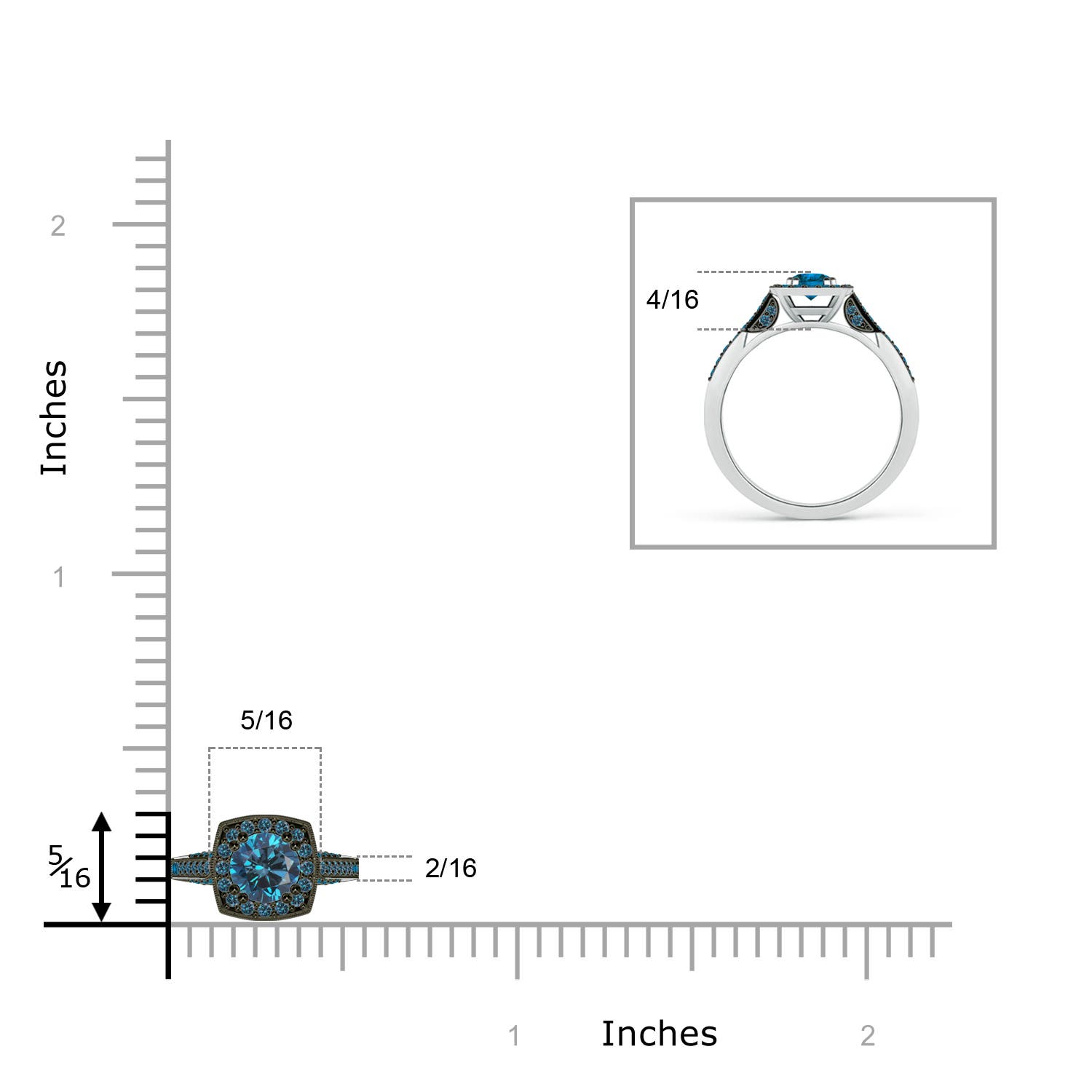 4.5mm AAA Round Blue Diamond Cushion Halo Ring with Milgrain in White Gold - ruler