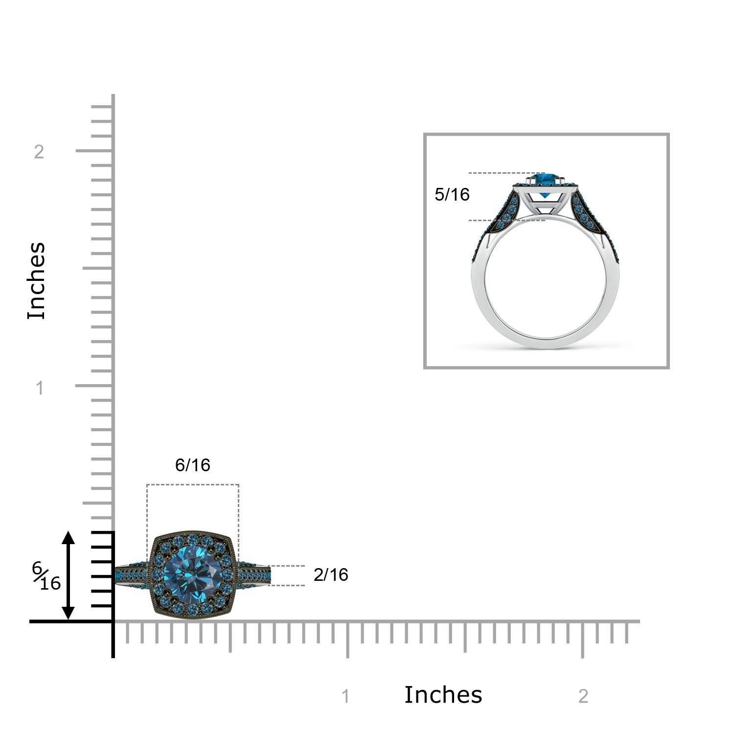 5.5mm AAA Round Blue Diamond Cushion Halo Ring with Milgrain in White Gold - ruler