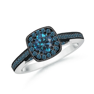 5mm AAA Round Blue Diamond Cushion Halo Ring with Milgrain in White Gold