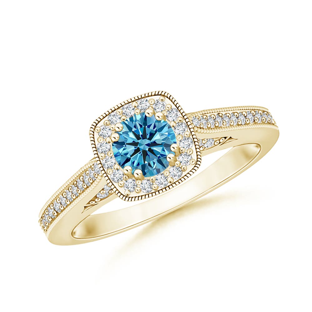Angara 0.55 CTW Round Fancy Intense Blue Diamond Cushion Halo Engagement Ring with Milgrain in 18K Yellow Gold