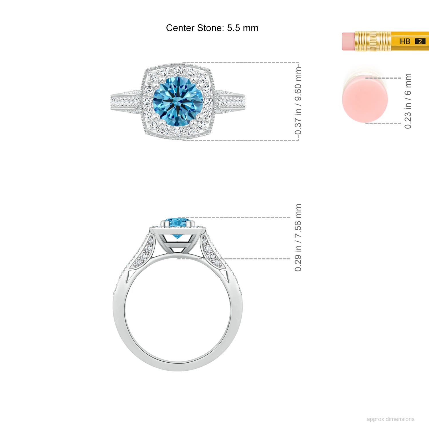 5.5mm AAAA Round Fancy Intense Blue Diamond Cushion Halo Ring with Milgrain in White Gold - ruler