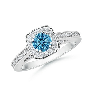 5mm AAAA Round Fancy Intense Blue Diamond Cushion Halo Ring with Milgrain in P950 Platinum