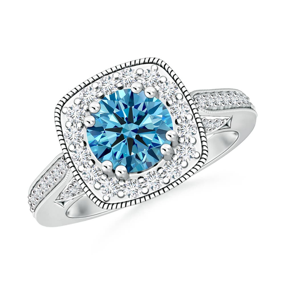 Angara 1.95 CTW Round Fancy Intense Blue Diamond Cushion Halo Engagement Ring with Milgrain in 18K White Gold