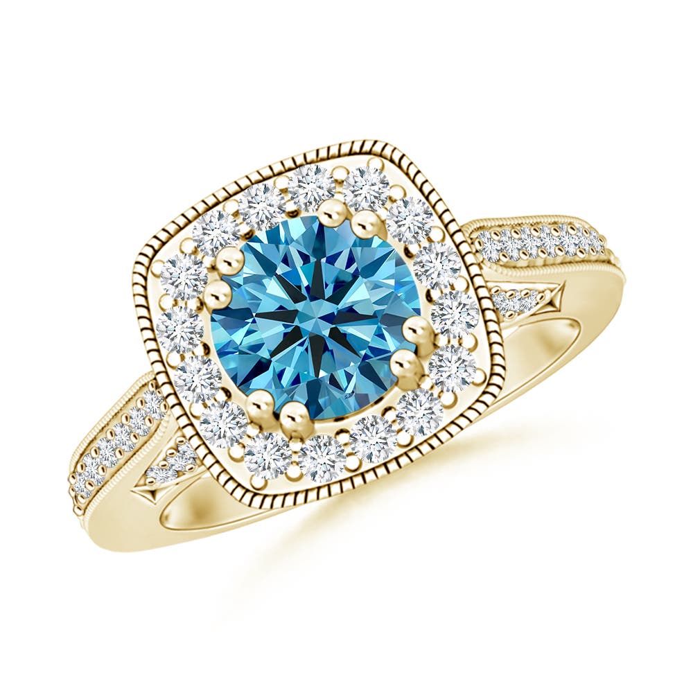 Angara 1.95 CTW Round Fancy Intense Blue Diamond Cushion Halo Engagement Ring with Milgrain in 18K Yellow Gold