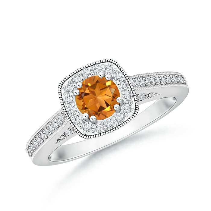 5mm AAA Round Citrine Cushion Halo Ring with Milgrain in White Gold