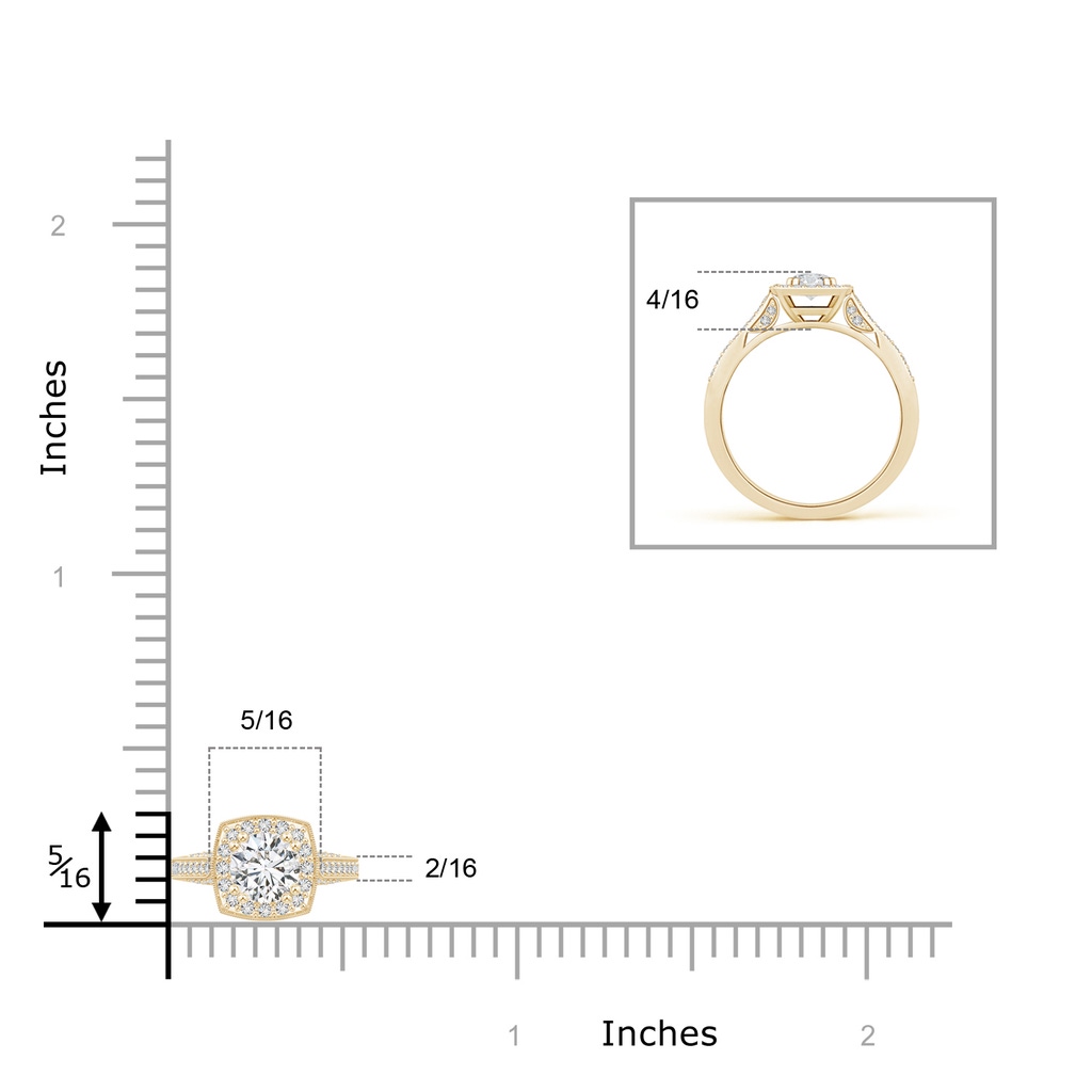 4.5mm HSI2 Round Diamond Cushion Halo Ring with Milgrain in Yellow Gold Ruler