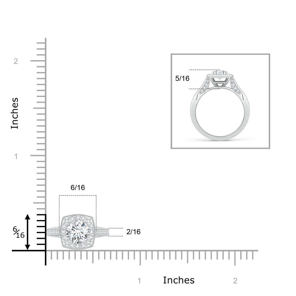 5.5mm GVS2 Round Diamond Cushion Halo Ring with Milgrain in White Gold Ruler