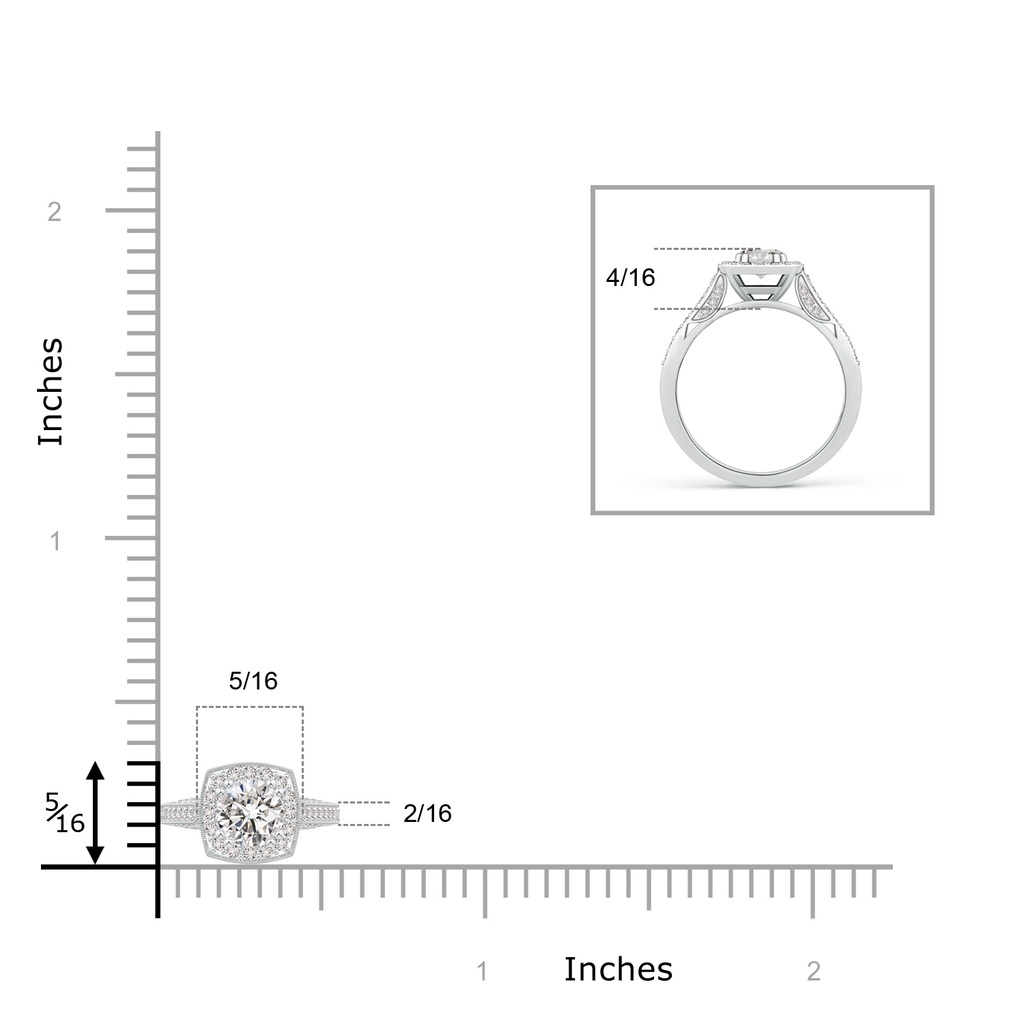 5mm IJI1I2 Round Diamond Cushion Halo Ring with Milgrain in White Gold Ruler