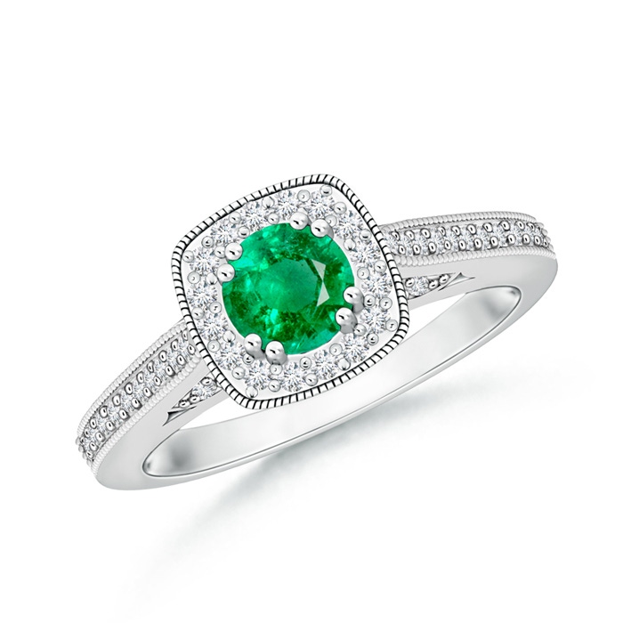 5mm AAA Round Emerald Cushion Halo Ring with Milgrain in White Gold