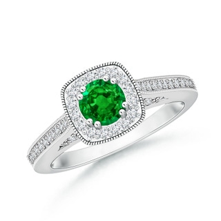 5mm AAAA Round Emerald Cushion Halo Ring with Milgrain in P950 Platinum