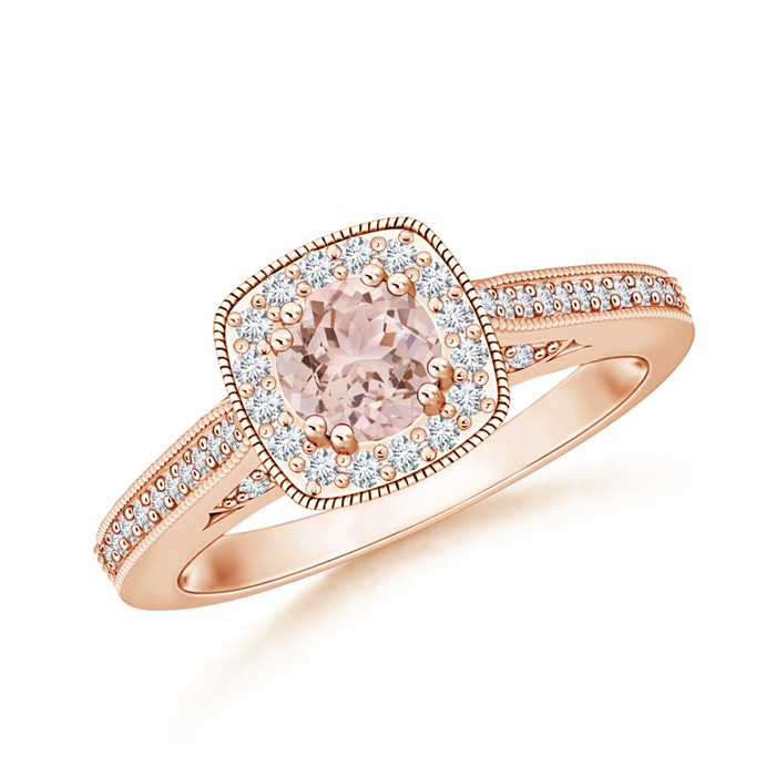 5mm AAA Round Morganite Cushion Halo Ring with Milgrain in Rose Gold
