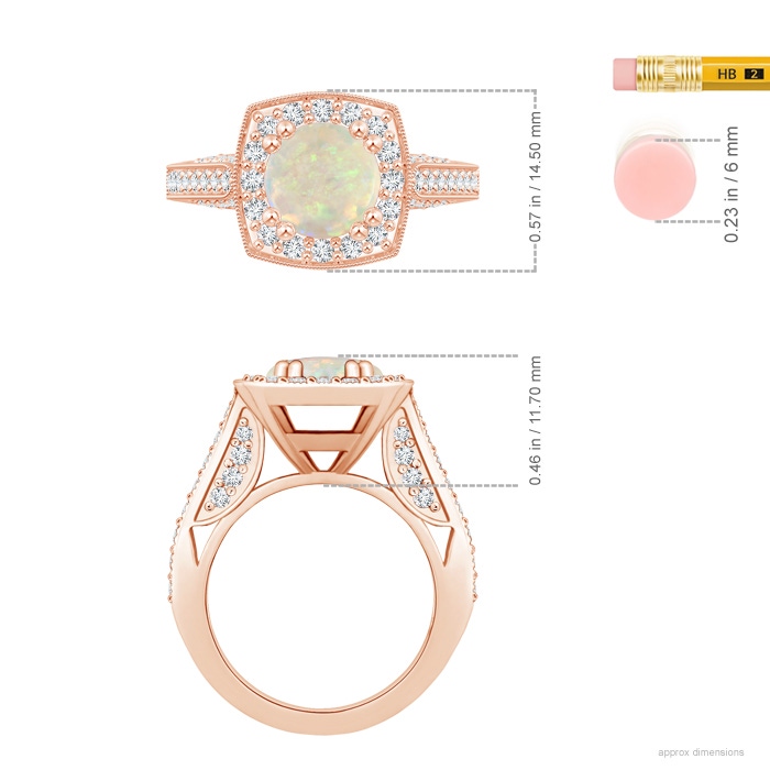 9.24x9.10x3.38mm AAA GIA Certified Round Opal Halo Ring with Milgrain in 18K Rose Gold ruler