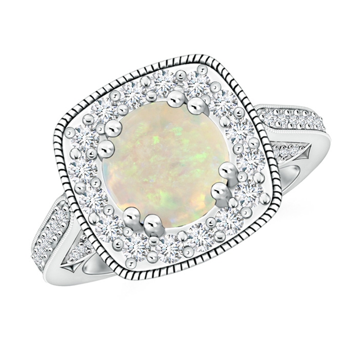 9.24x9.10x3.38mm AAA GIA Certified Round Opal Halo Ring with Milgrain in White Gold 