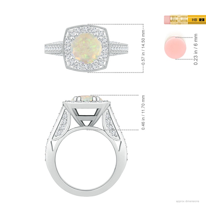 9.24x9.10x3.38mm AAA GIA Certified Round Opal Halo Ring with Milgrain in White Gold ruler