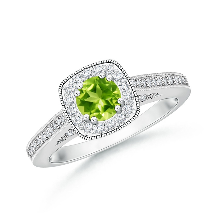 5mm AAA Round Peridot Cushion Halo Ring with Milgrain in White Gold