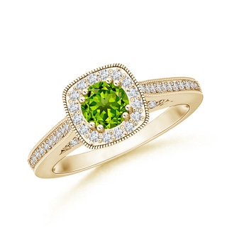 5mm AAAA Round Peridot Cushion Halo Ring with Milgrain in Yellow Gold