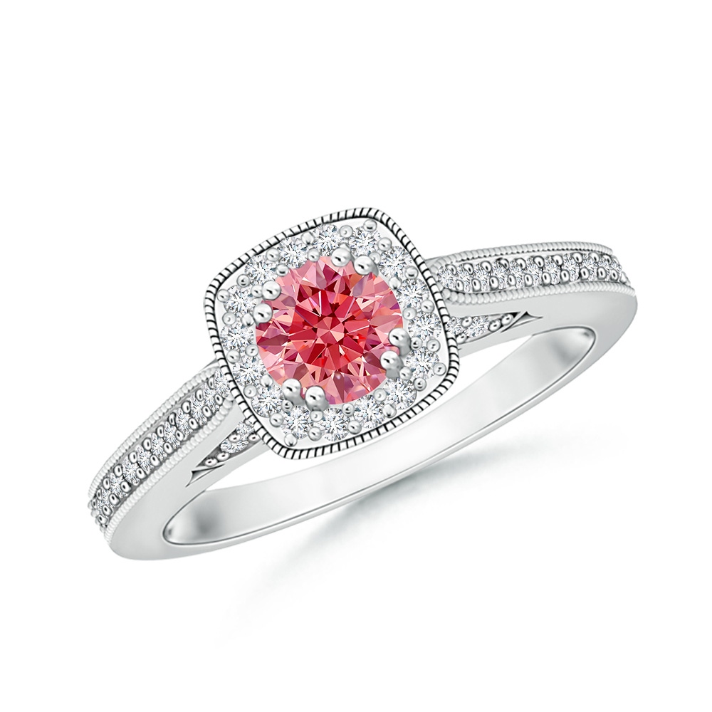 4.5mm AAAA Round Fancy Intense Pink Diamond Cushion Halo Ring with Milgrain in P950 Platinum