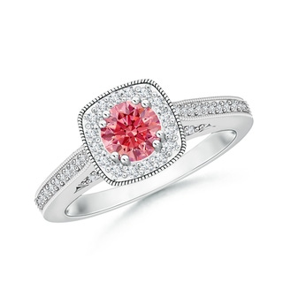 5mm AAAA Round Fancy Intense Pink Diamond Cushion Halo Ring with Milgrain in White Gold