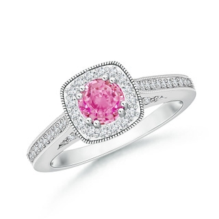 5mm AA Round Pink Sapphire Cushion Halo Ring with Milgrain in White Gold