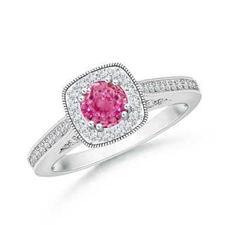 5mm AAA Round Pink Sapphire Cushion Halo Ring with Milgrain in White Gold