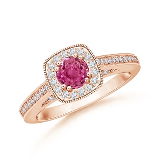 5mm AAAA Round Pink Sapphire Cushion Halo Ring with Milgrain in Rose Gold