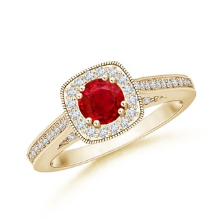 5mm AAA Round Ruby Cushion Halo Ring with Milgrain in 9K Yellow Gold