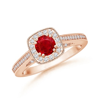 5mm AAA Round Ruby Cushion Halo Ring with Milgrain in Rose Gold
