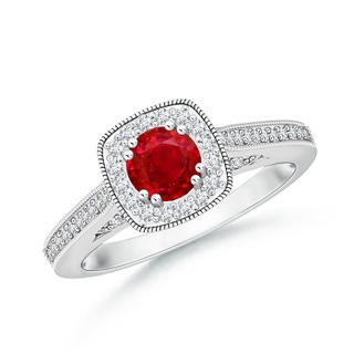 5mm AAA Round Ruby Cushion Halo Ring with Milgrain in White Gold