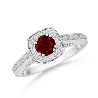 5mm AAAA Round Ruby Cushion Halo Ring with Milgrain in White Gold