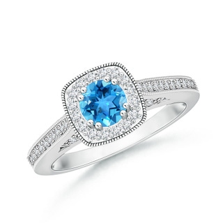 5mm AAA Round Swiss Blue Topaz Cushion Halo Ring with Milgrain in White Gold