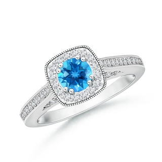 5mm AAAA Round Swiss Blue Topaz Cushion Halo Ring with Milgrain in White Gold