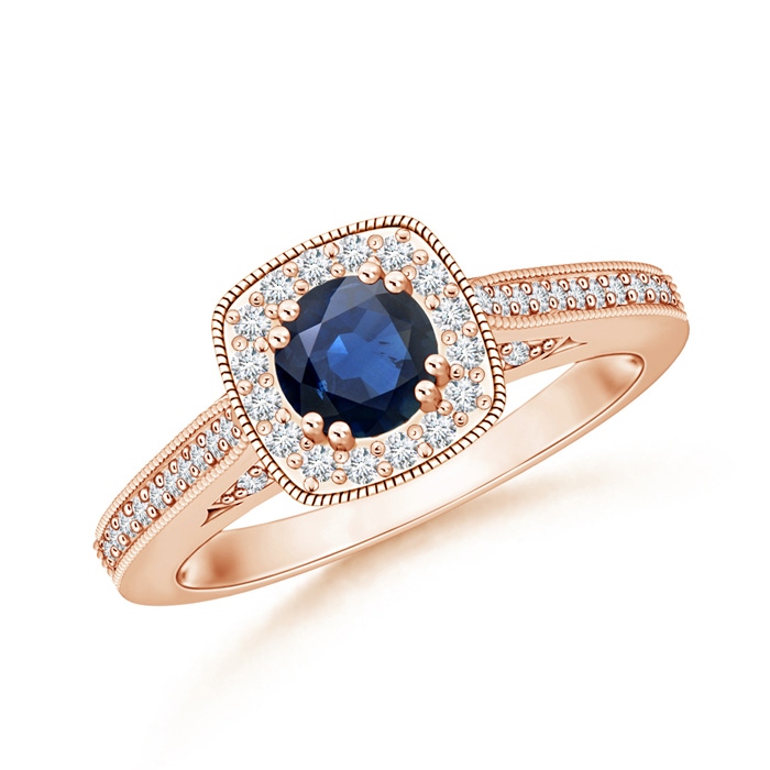 5mm AA Round Sapphire Cushion Halo Ring with Milgrain in Rose Gold 