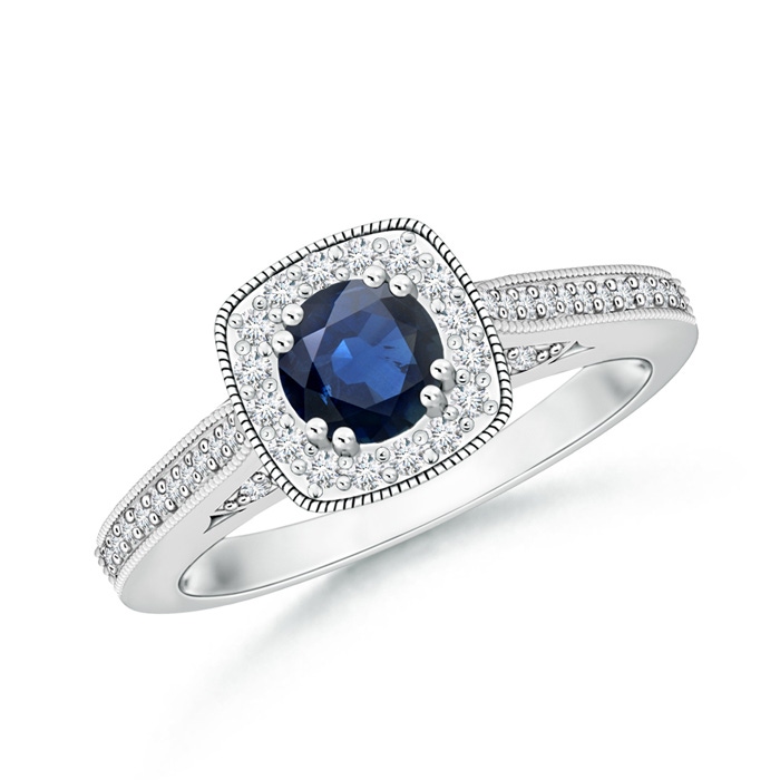 5mm AA Round Sapphire Cushion Halo Ring with Milgrain in White Gold 