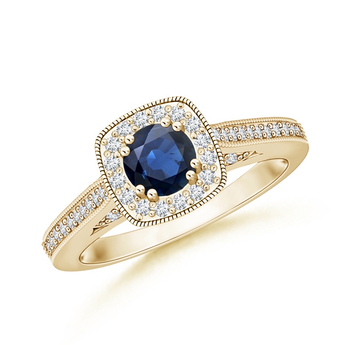 5mm AA Round Sapphire Cushion Halo Ring with Milgrain in Yellow Gold 