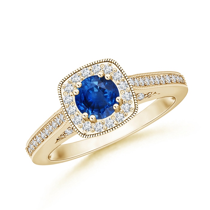 5mm AAA Round Sapphire Cushion Halo Ring with Milgrain in Yellow Gold 