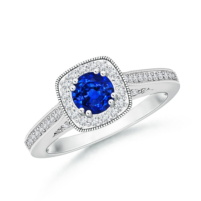 5mm AAAA Round Sapphire Cushion Halo Ring with Milgrain in White Gold