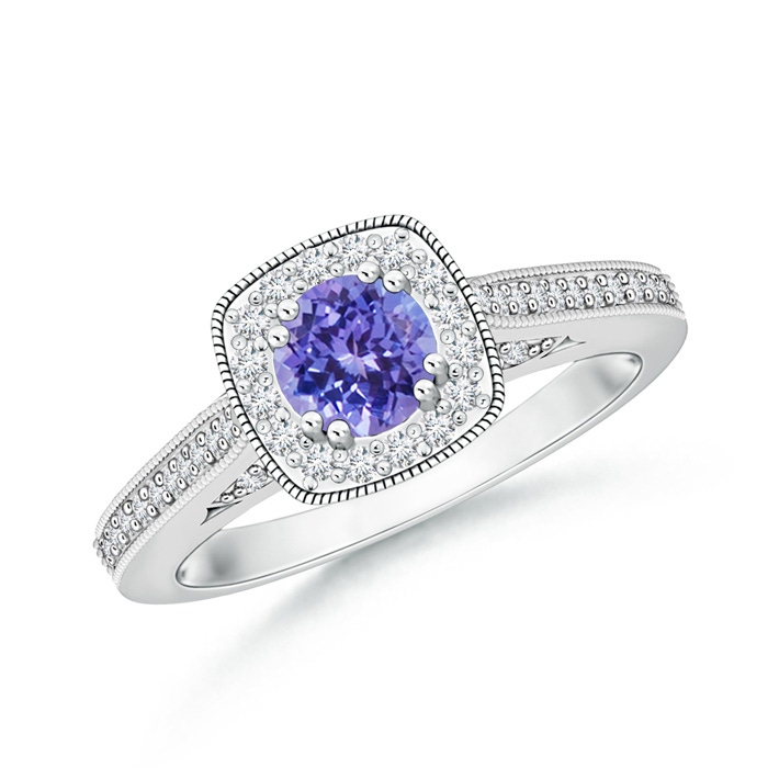 5mm AAA Round Tanzanite Cushion Halo Ring with Milgrain in White Gold