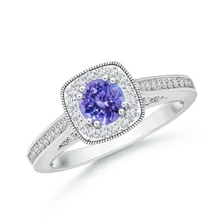 5mm AAA Round Tanzanite Cushion Halo Ring with Milgrain in White Gold