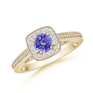 5mm AAA Round Tanzanite Cushion Halo Ring with Milgrain in Yellow Gold