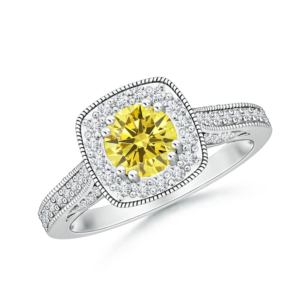 5.5mm AAAA Round Fancy Intense Yellow Diamond Cushion Halo Ring with Milgrain in 18CT White Gold