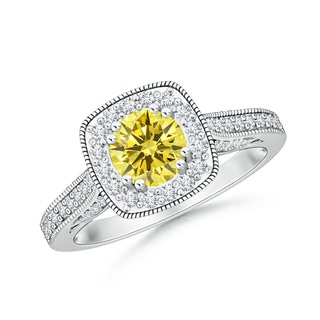 5.5mm AAAA Round Fancy Intense Yellow Diamond Cushion Halo Ring with Milgrain in 9K White Gold