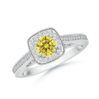 5mm AAAA Round Fancy Intense Yellow Diamond Cushion Halo Ring with Milgrain in P950 Platinum