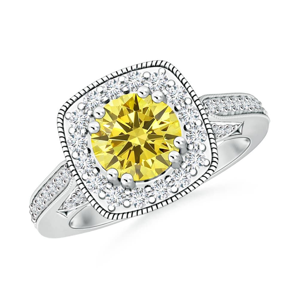 Angara 1.95 CTW Round Fancy Intense Yellow Diamond Cushion Halo Engagement Ring with Milgrain in Platinum