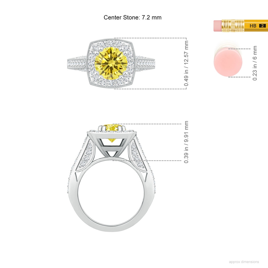 7.2mm AAAA Round Fancy Intense Yellow Diamond Cushion Halo Ring with Milgrain in White Gold ruler