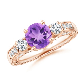7mm A Three Stone Round Amethyst and Diamond Ring in 10K Rose Gold