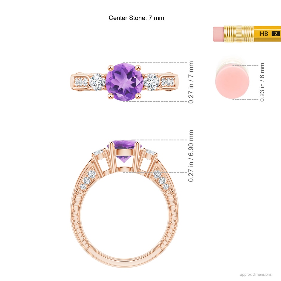 7mm A Three Stone Round Amethyst and Diamond Ring in Rose Gold ruler