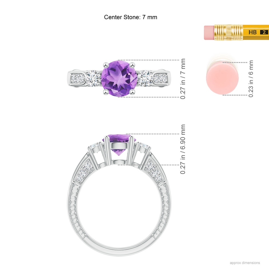 7mm A Three Stone Round Amethyst and Diamond Ring in White Gold ruler