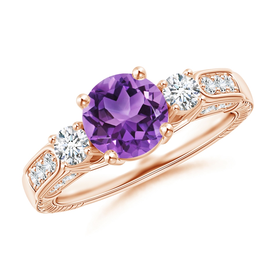 7mm AA Three Stone Round Amethyst and Diamond Ring in Rose Gold 