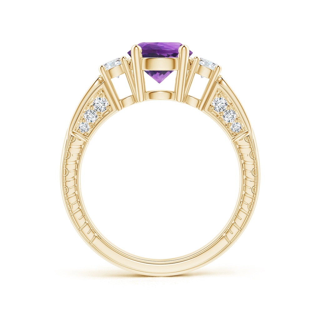 7mm AAA Three Stone Round Amethyst and Diamond Ring in 10K Yellow Gold Side-1