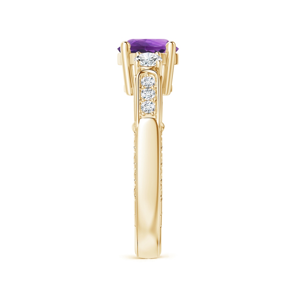 7mm AAA Three Stone Round Amethyst and Diamond Ring in 10K Yellow Gold Side-2